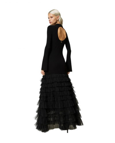 Vestido largo de punto con volados de tul