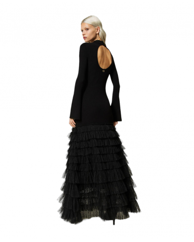 Vestido largo de punto con volados de tul