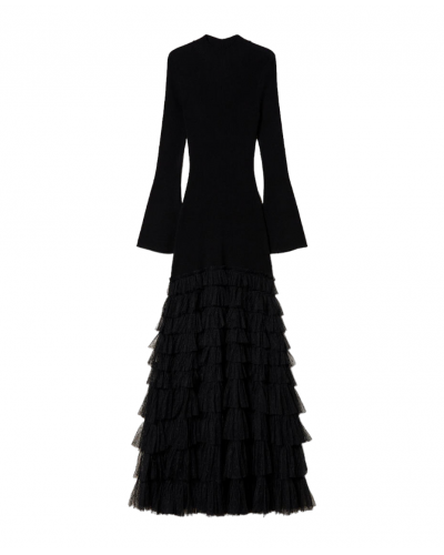 Vestido largo de punto con volados de tul
